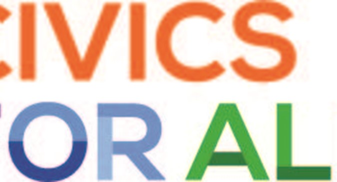 A logo with the words Civics for All in multiple colors 